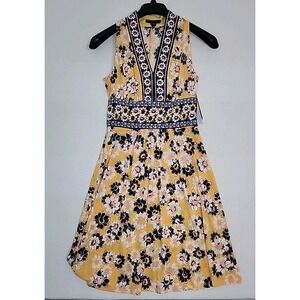 Stitch Fix Maggy London Gold/Blue Floral Midi V-neck Sleeveless Dress Size 4 NWT